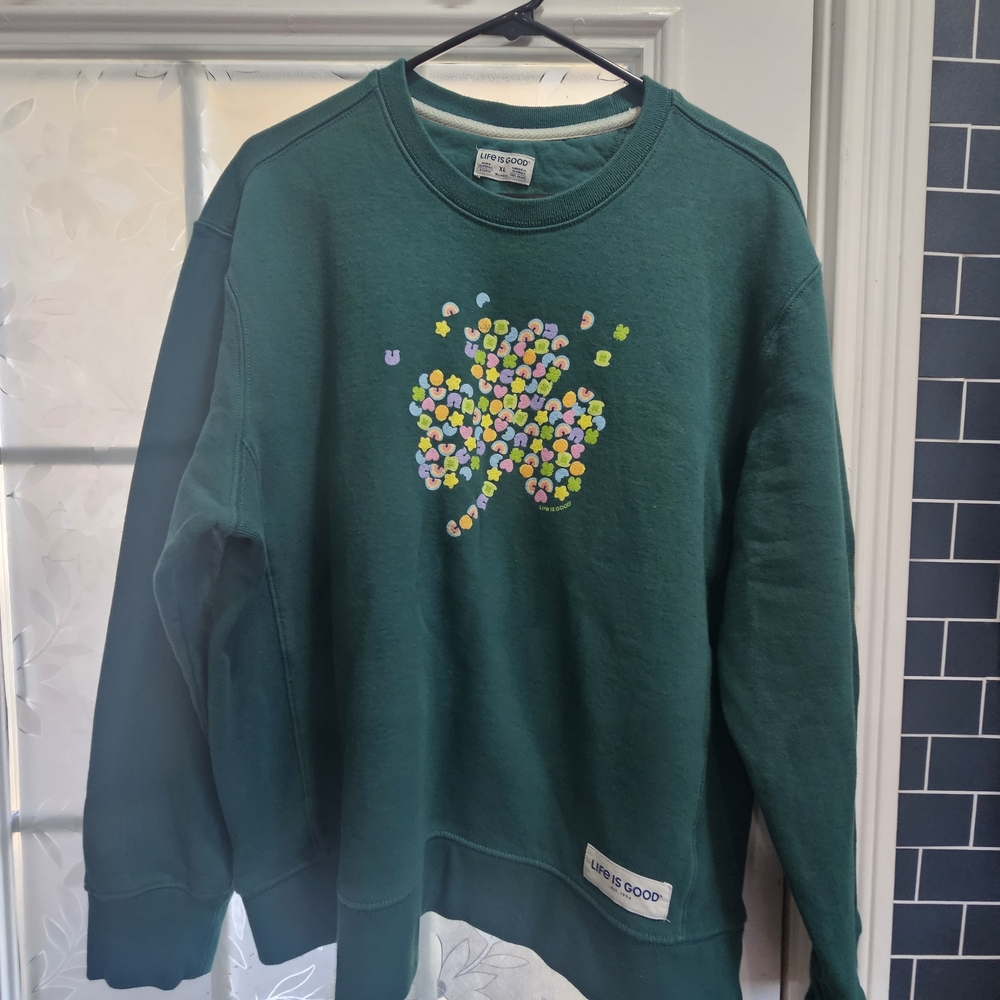 Life is Good Green Sweatshirt with Colorful Clover Size XL Cozy Winter Comfort